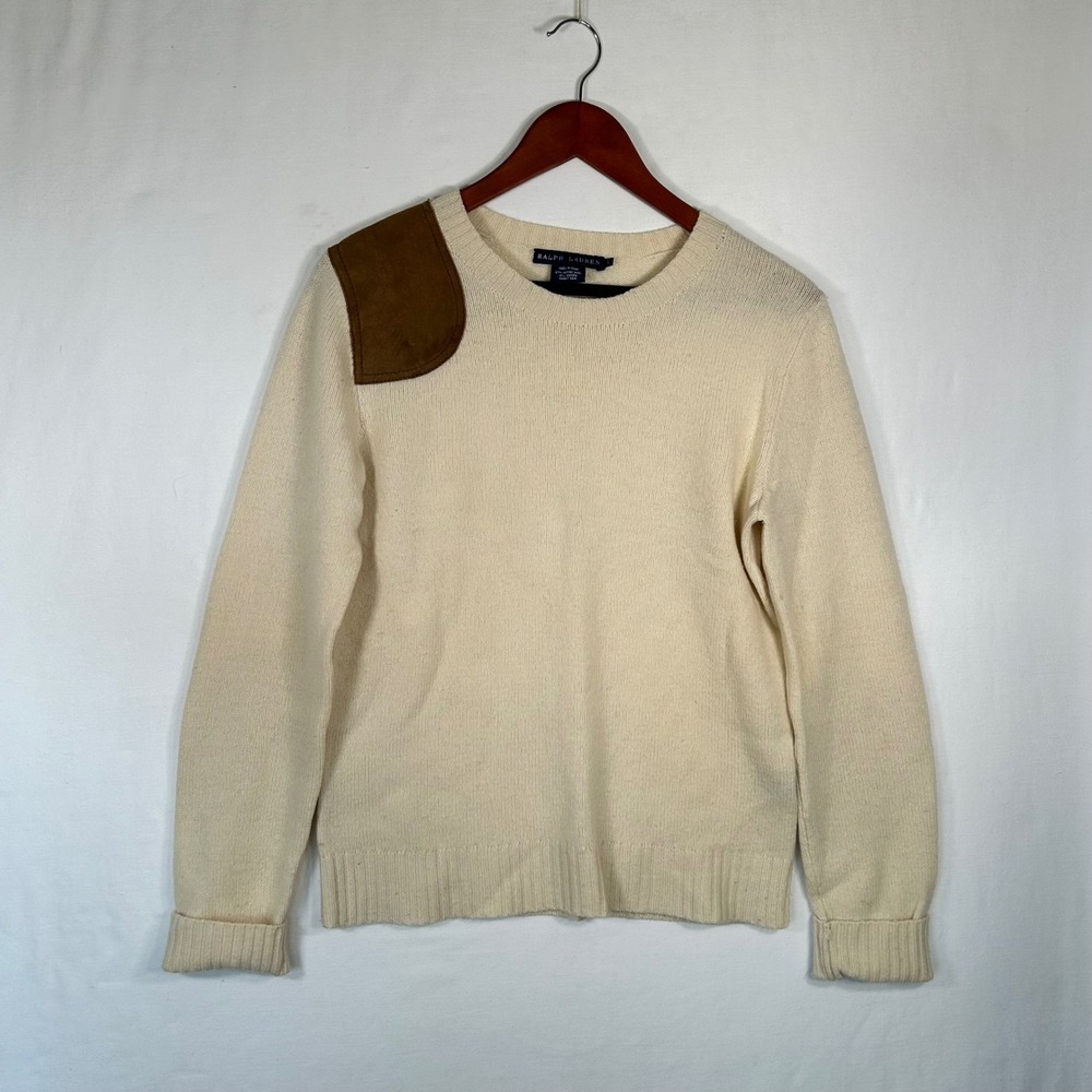 Ralph Lauren Merino Angora Wool Sweater Suede Elbow Shoulder Patches Ivory L